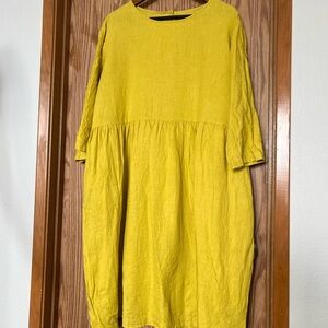 OffOn linen 3/4 sleeve midi dress with pleated skirt custom size 2Xish